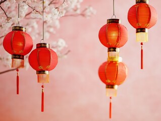 Fototapeta premium Festive Red Chinese Lanterns Hanging Decor Asian Culture Spring New Year