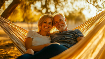 The concept of relaxation and tranquility. A young couple relaxes in a hammock in nature.