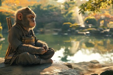 Serene Monkey Meditating by Tranquil Pond with Autumn Foliage