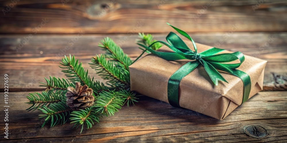 Poster rustic wooden background featuring a wrapped gift with a green ribbon and a pine branch with a pine 