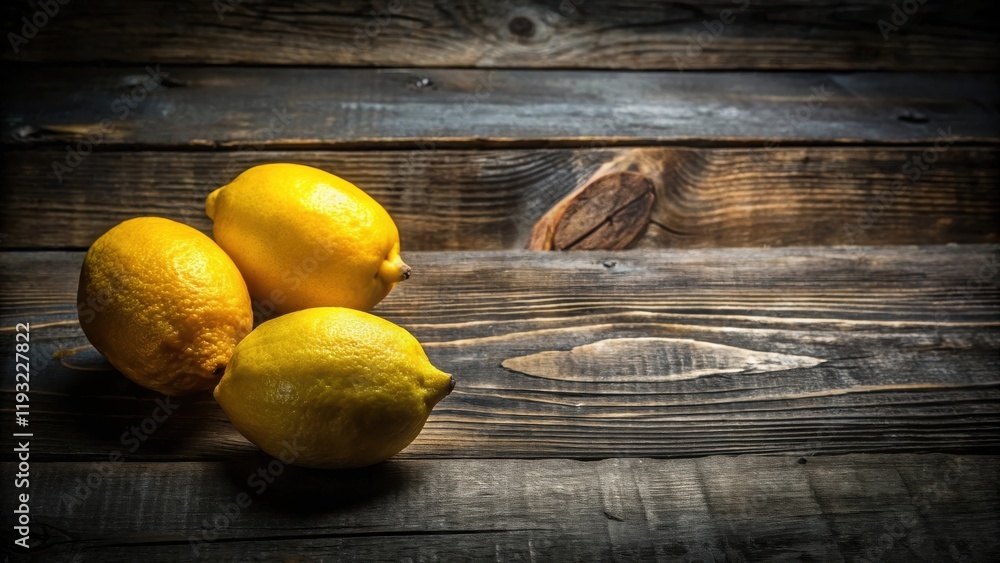Poster three ripe lemons rest on a rustic wooden surface