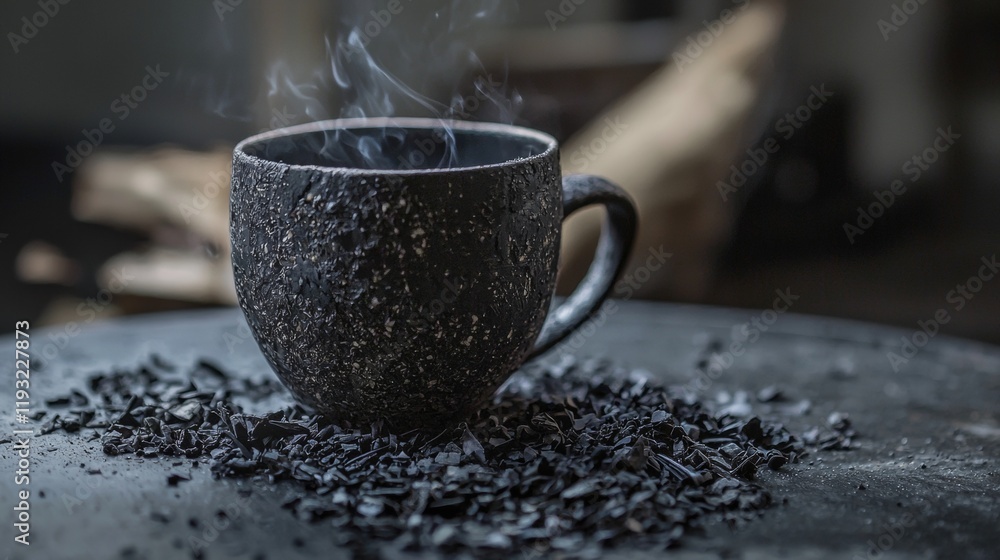 Poster steaming cup of tea on a rustic table in soft light