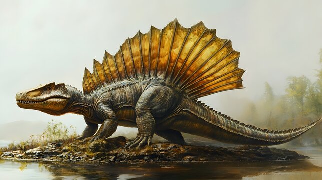 10. A dimetrodon basking by a prehistoric lake, set against a crisp white background