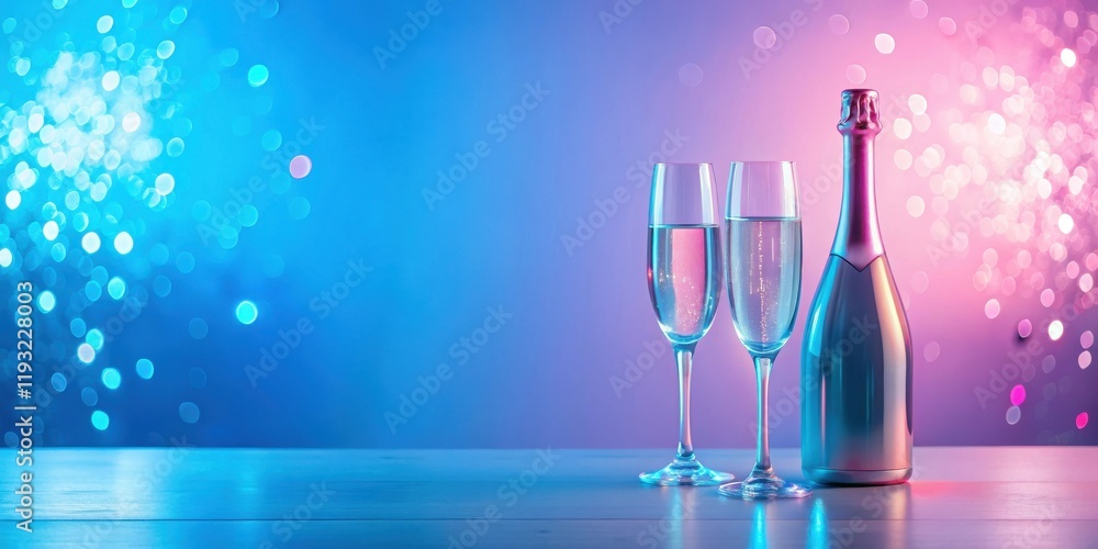 Poster festive sparkling wine celebration two elegant champagne flutes and a bottle on a table with a magic