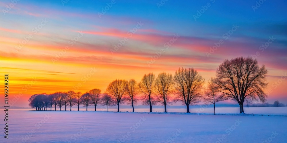 Aufkleber serene winter landscape with a row of leafless trees at sunset, showcasing a breathtaking array of p