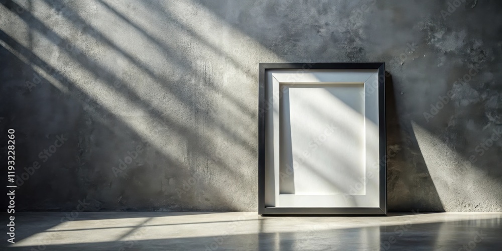 Poster empty picture frame against textured wall with sunlit shadows