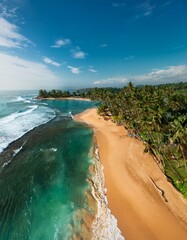 Generated image Drone view of Mirissa Beach with its golden sands, swaying palm trees, and turquoise waters