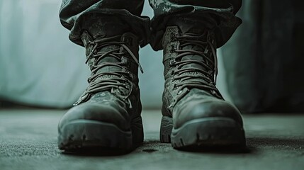 Military boot camp and basic training concept with boots at attention. 
