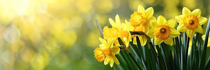 St. David's Day, bright spring background, bouquet of daffodil yellow flowers, horizontal banner, bokeh effect, copy space, free space for text