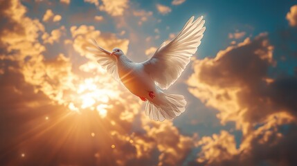 White dove in flight, sunlit clouds.