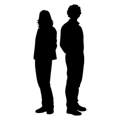 Silhouettes of  man and a woman, a couple standing business people, profile, vector, black color isolated on white background