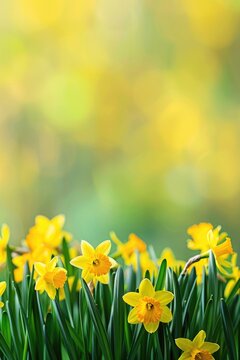 Fototapeta St. David's Day, bright spring background, bouquet of yellow daffodil flowers, vertical banner, bokeh effect, copy space, free space for text