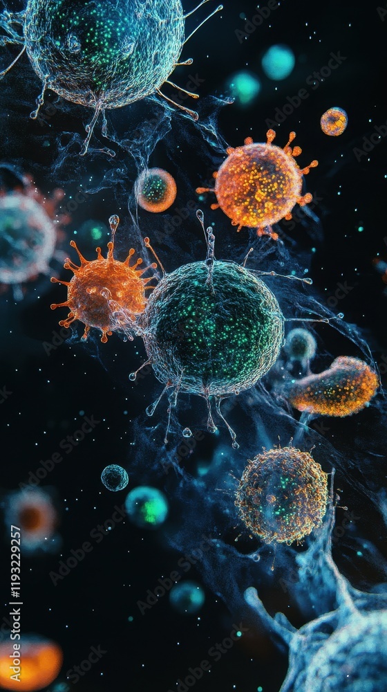 Poster microscopic view of viruses in cellular replication