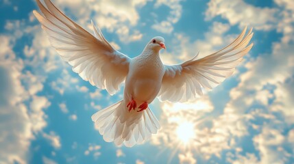 Fototapeta premium White dove in flight, wings spread wide, against a sunlit sky.