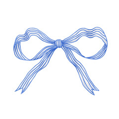 Blue and white striped bow in watercolor style
