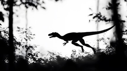 16. A velociraptor running through a prehistoric forest, with a simple white background enhancing the action