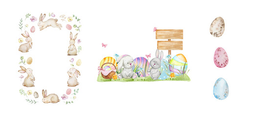 Set of Happy Easter watercolor cards with cute Easter rabbits, egg, spring flowers in pastel colors