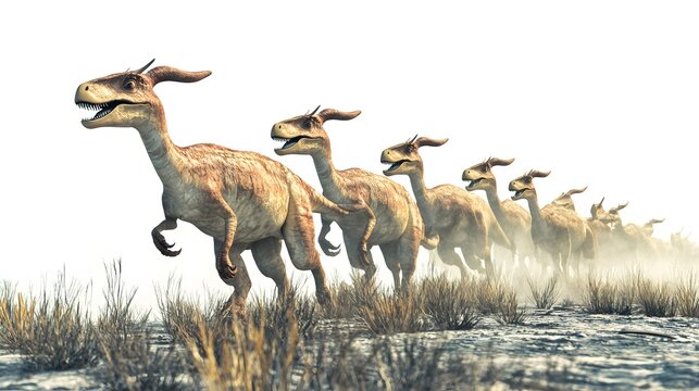 18. A herd of parasaurolophus migrating across a prehistoric plain, with a neutral white background