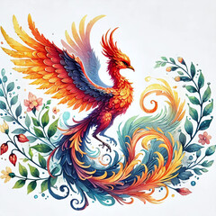Fototapeta premium Vibrant illustration of a mythical phoenix, watercolor clipart illustration. Generative AI.