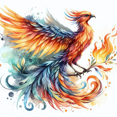 Vibrant illustration of a mythical phoenix, watercolor clipart illustration. Generative AI.