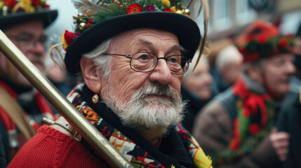 St. David's Day celebration, portrait of an elderly Welsh man in national costume, gray-haired grandfather, revered lord, senior, carnival procession, parade