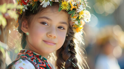 St. David's Day celebration, portrait of a small smiling Welsh girl in a national costume, happy smiling child with a scythe and a flower wreath, carnival procession, parade