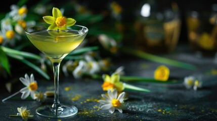 St. David's Day celebration, traditional Welsh drinks, elegant green cocktail on the bar decorated with daffodils, horizontal banner, copy space, free space for texting