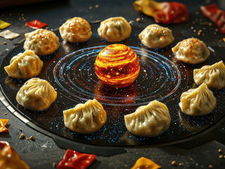 Surreal scene of dumplings arranged around glowing planet, evoking wonder