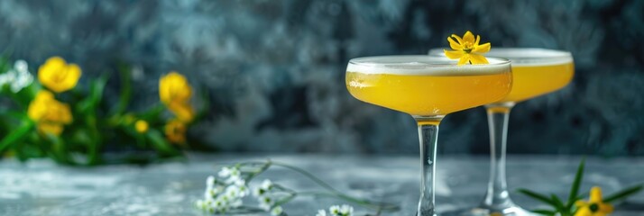 St. David's Day celebration, traditional Welsh drinks, elegant cocktail on the bar decorated with daffodils, horizontal banner, copy space, free space for text