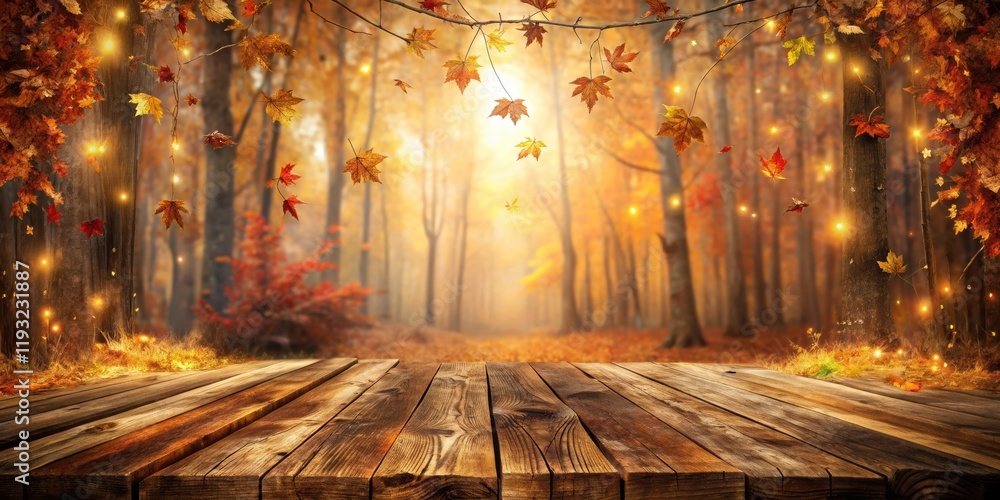Poster autumnal forest scene with wooden tabletop for product display