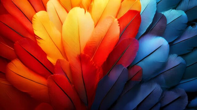 Vibrant close-up of multicolored feathers, showcasing texture and vivid detail