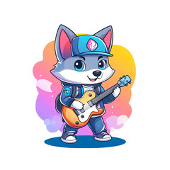 Musical cartoon character playing guitar colorful background digital artwork whimsical style fun concept