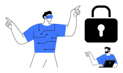 Man wearing VR headset pointing with both hands, large padlock symbol, another person typing on laptop and pointing. Ideal for virtual reality, cybersecurity, technology education, data privacy