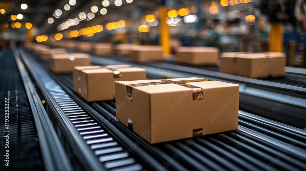 Poster brown cardboard boxes moving along a conveyor belt in a dimly lit warehouse environment with blurred