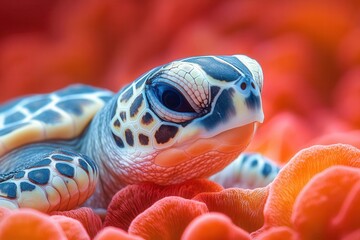 adorable baby turtle crawling across a coral background, its shell detailed with bright patterns, exuding a sense of cuteness and innocence that captures the viewer's heart