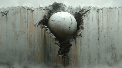 White sphere embedded in cracked concrete wall.