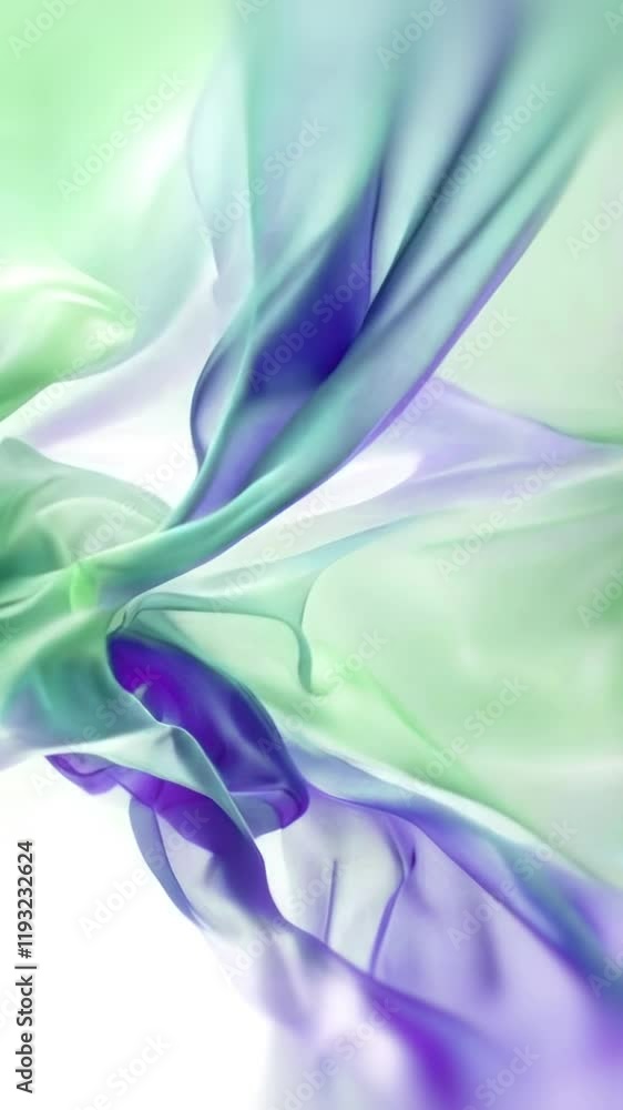 Poster Vertical animation of flowing fabric with smooth curves and twisted lines moving in space. Pastel shades of green, purple and white change in soft gradients