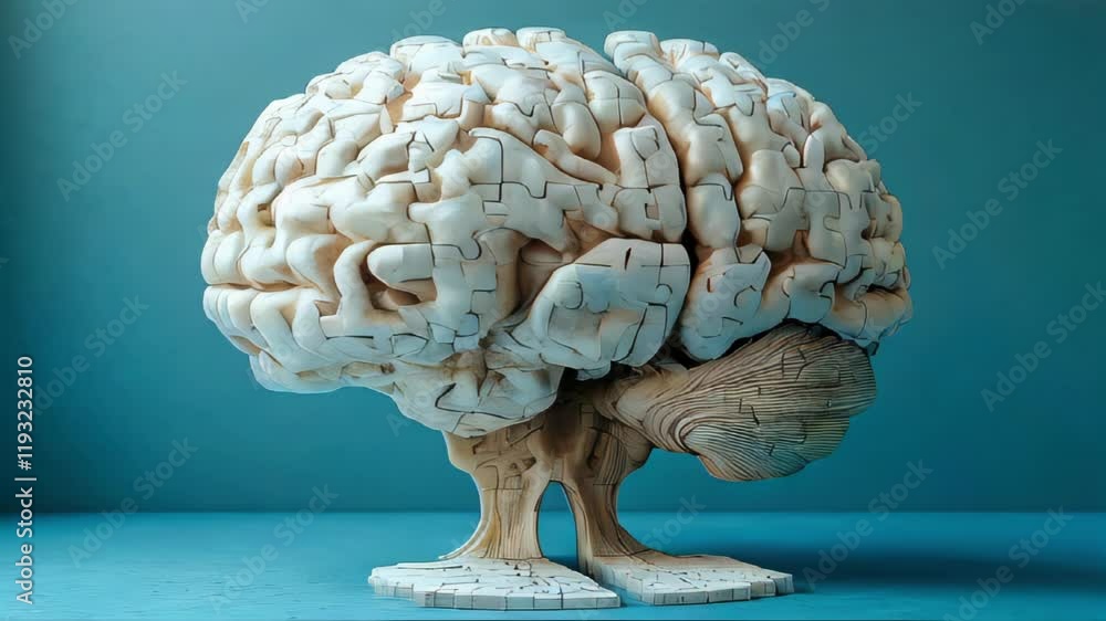 Poster a 3d representation of a human brain constructed from puzzle pieces, set against a teal background, 