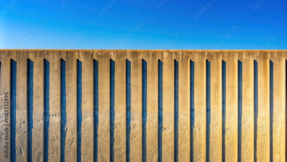 Poster abstract architectural concrete wall design with vertical lines and shadows against a clear blue sky