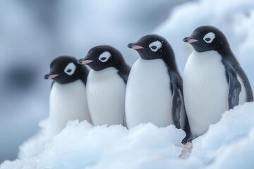 Fototapeta premium adorable penguins huddle together in a frosty landscape, their charming expressions radiating warmth and fellowship amidst the icy surroundings