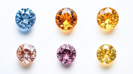 A set of six round gemstones in different colors on a white background