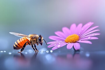 Naklejka premium Primer plano de una abeja polinizando una flor rosa vibrante en un jardín lleno de vida