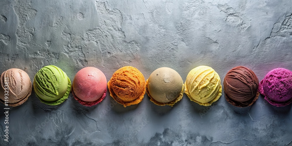 Poster a colorful row of delicious ice cream scoops on a textured surface