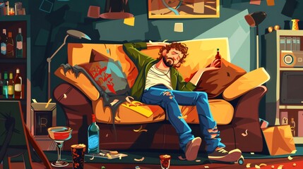 Exhausted Drunk Man on Sofa in Chaotic Room Post Celebration