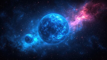 Obraz premium A Planet Seen from Space Comes Alive with Thick Atmosphere, Weather Systems, Oceans, Land Formations, and Two Orbiting Moons – Highly Detailed 8K Vision