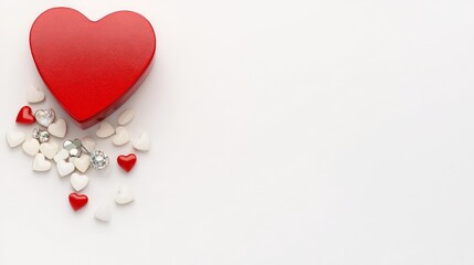 Obraz premium Valentine's Day: Celebrating Affection and Meaningful Connections, A red heart-shaped box surrounded by small hearts on a white background, symbolizing love and affection.