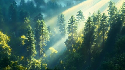 Sunbeams Illuminate a Misty Evergreen Forest