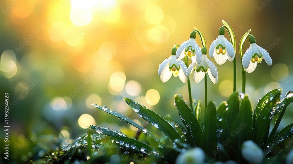 Poster delicate snowdrops blooming on a blurred green background with bokeh effect and soft focus lighting 