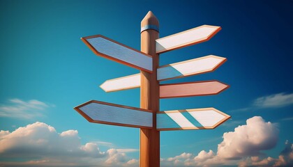 image of a tall signpost with multiple blank directional arrows pointing different ways against a bright blue sky symbolizing direction choice and possibilities
