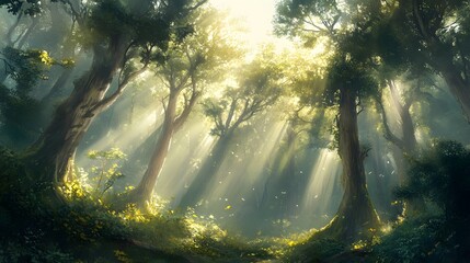 Obraz premium Sunbeams Illuminate A Mystical Forest Path
